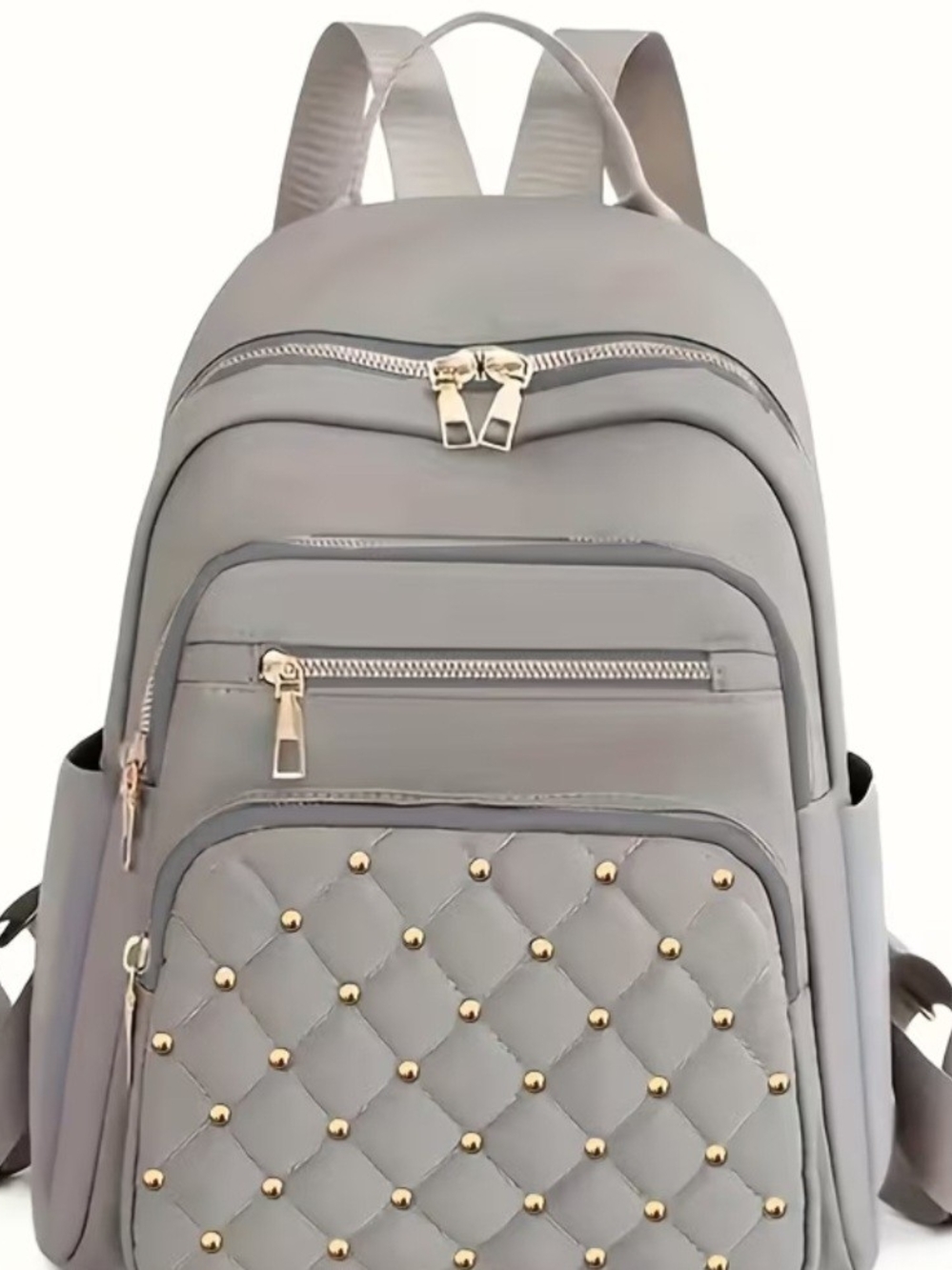 Sleek Quilted Grey Women's Backpack with Gold Studs